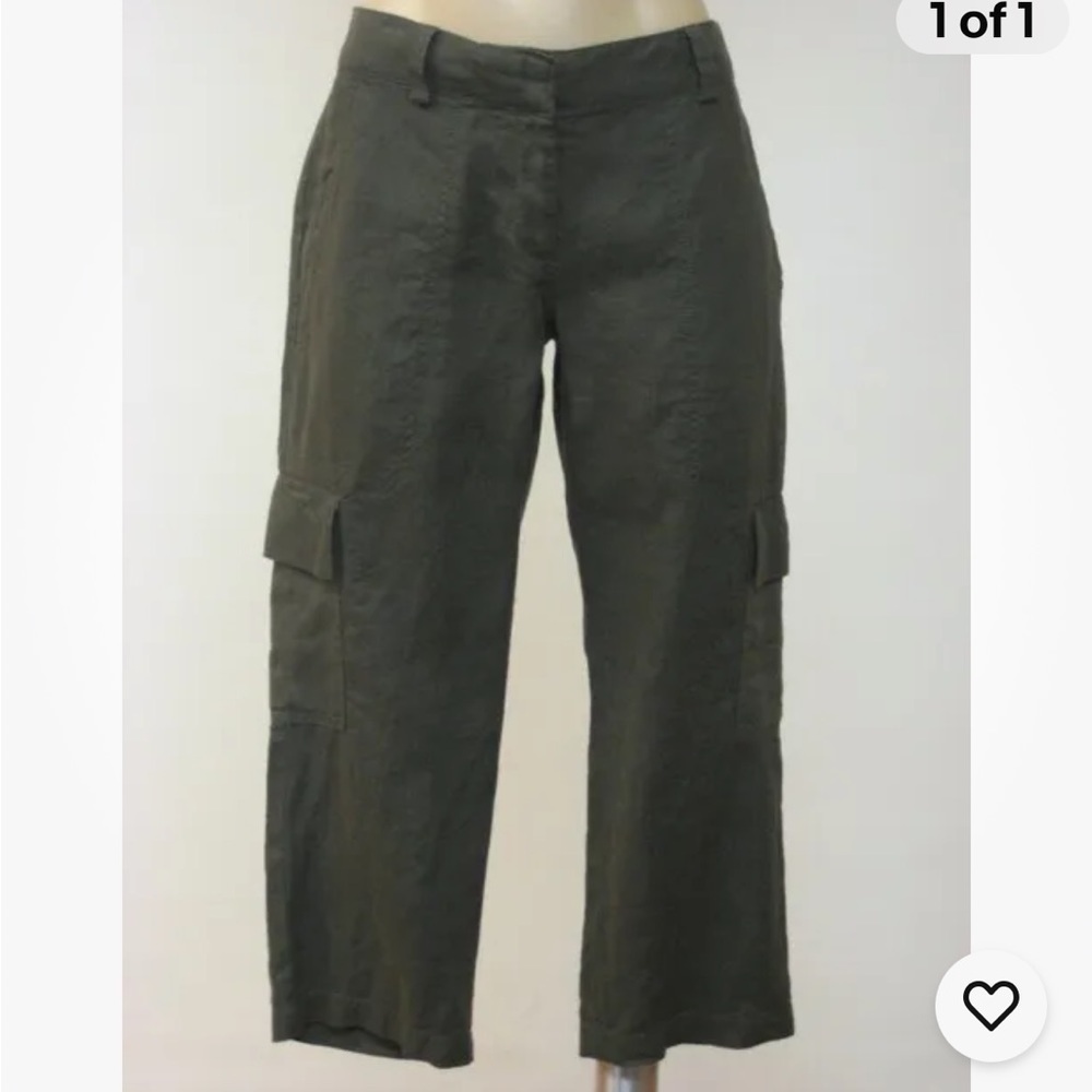 EILEEN FISHER Pant Organic Linen Surplus Cropped Cargo Pants Olive Green Sz 6 - Picture 1 of 15